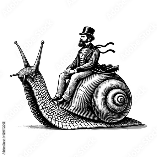 Gentleman riding snail sketch engraving black and white outline. Scratch board imitation.