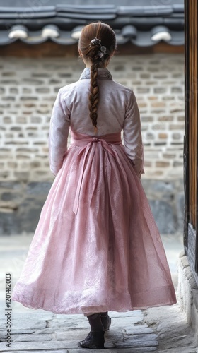 Back view of korean asian woman in traditional korean dress or hanbok dress walking in old palace in night with full moon, Seoul city, South Korea,copy space.