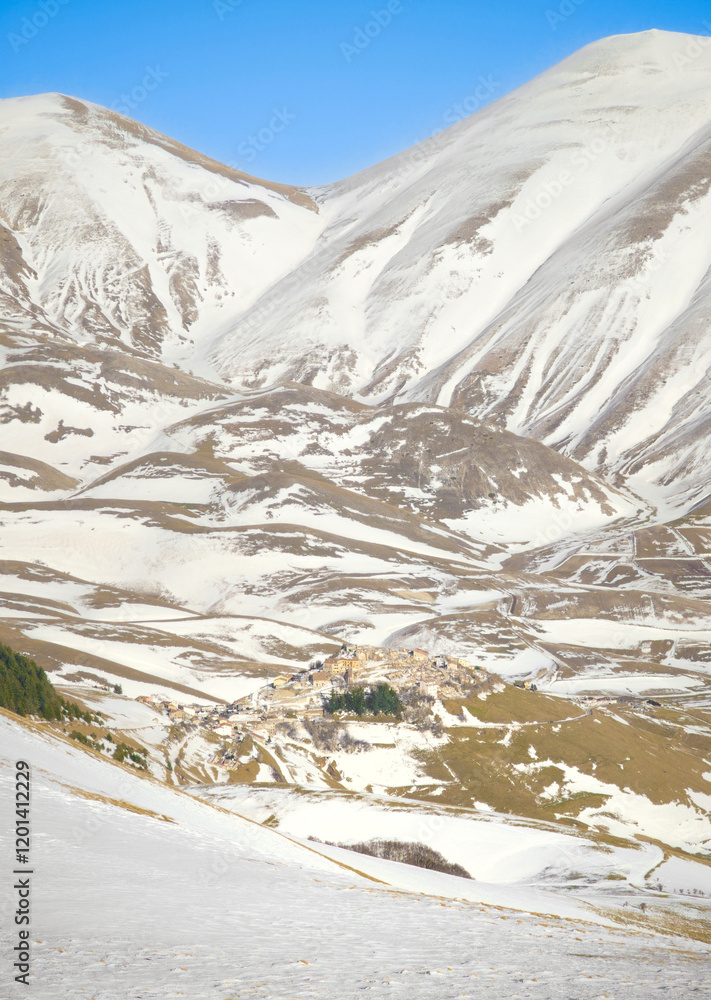 Monti Sibillini (Italy) - The landscape summit in Marche and Umbria region, municipal of Montemonaco, Amandola and Norcia. Sibillini panoramic winter landmark, alpinistic with snow