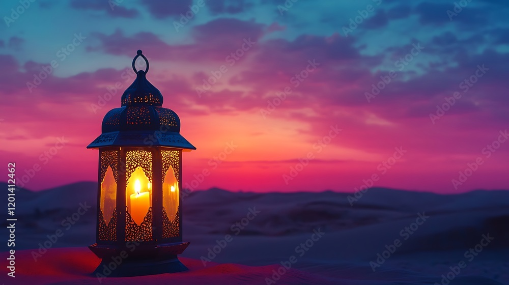 Traditional ornamental lantern with a burning candle in desert after sunset during blue hour isolated on a colorful background Traditional ornamental lantern with a burning candle in desert after sunset during blue hour isolated on a colorful background