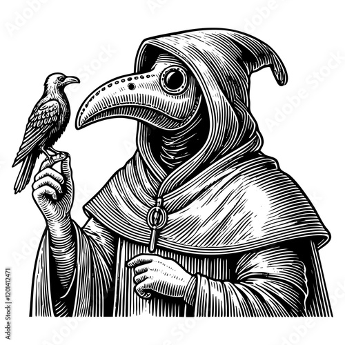 Medieval doctor wear mask on pandemic sketch engraving black and white outline. Scratch board imitation.
