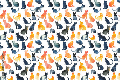 Vibrant Watercolor Cat Silhouettes Pattern in Multicolors