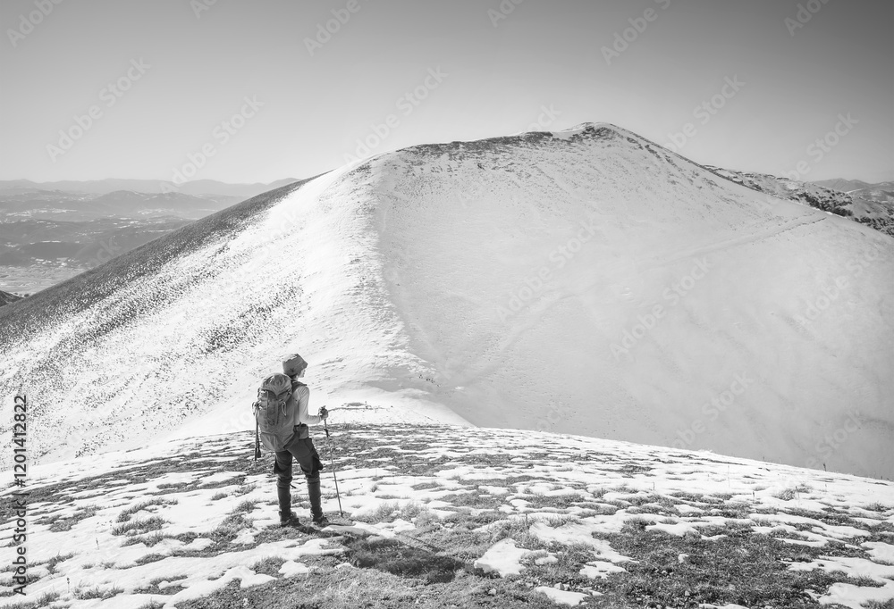 Monti Sibillini (Italy) - The landscape summit in Marche and Umbria region, municipal of Montemonaco, Amandola and Norcia. Sibillini panoramic winter landmark, alpinistic with snow