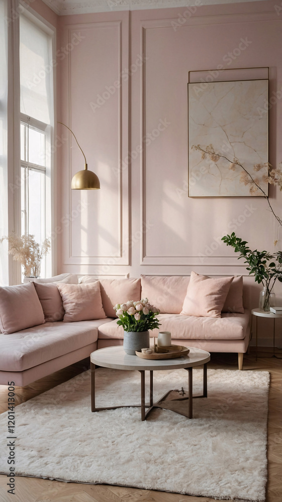 Cozy minimalist Scandinavian living room in pastel pink with plush sofa soft textures and clean design Interior Design Inspiration Cozy minimalist Scandinavian living room in pastel pink with plush sofa soft textures and clean design Interior Design Inspiration