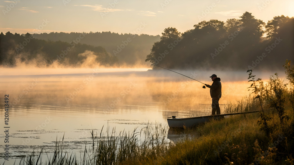 A person fishing on a serene lake at sunrise with mist rising from the water A person fishing on a serene lake at sunrise with mist rising from the water