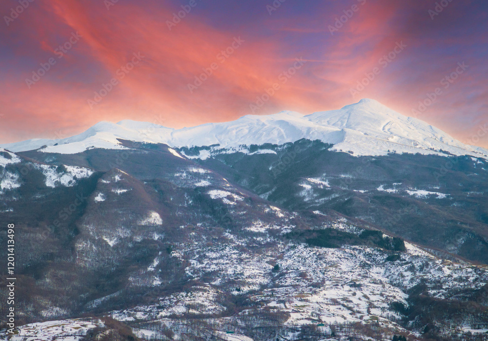 Monti Sibillini (Italy) - The landscape summit in Marche and Umbria region, municipal of Montemonaco, Amandola and Norcia. Sibillini panoramic winter landmark, alpinistic with snow