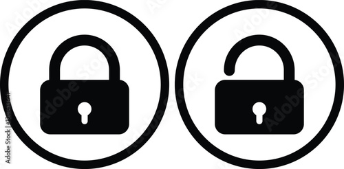 Black padlock icons, circular design, white background, symmetrical layout, security symbols, minimalist graphics, digital locks, twin icons, cybersecurity concept, flat illustration
