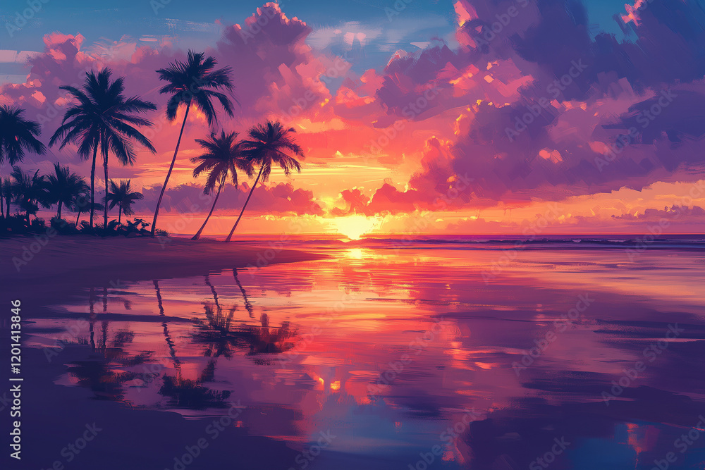 Pink clouds over a serene beachscape Pink clouds over a serene beachscape