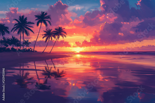 Pink clouds over a serene beachscape