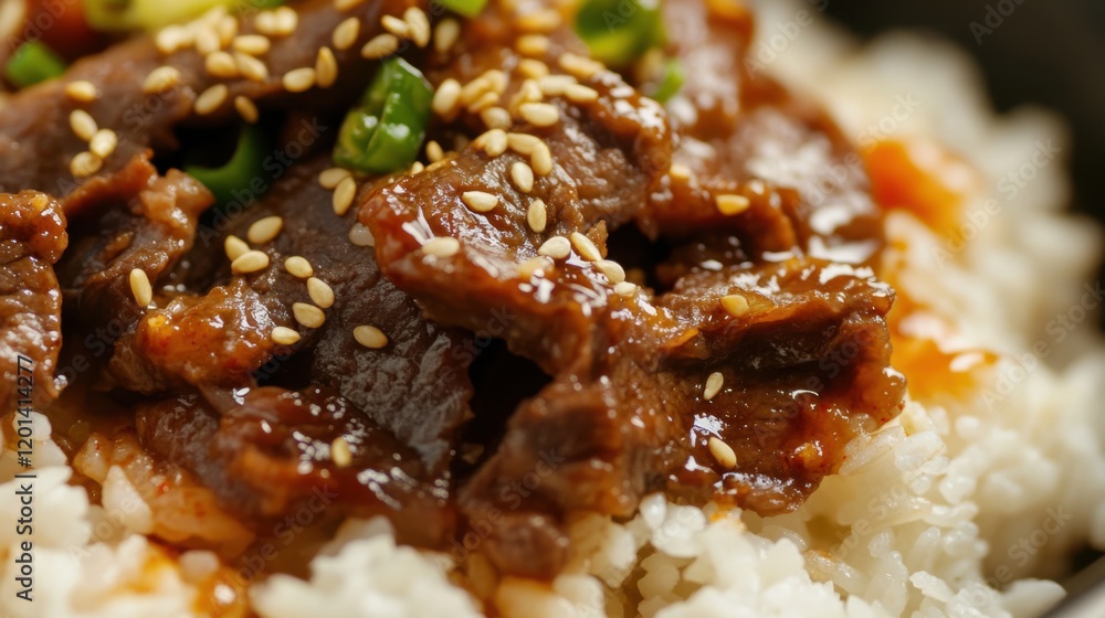 Close-up of rice with spicy Korean BBQ beef. Featuring tender beef marinated in Korean BBQ sauce and served over rice. Emphasizing a spicy, flavorful Korean dish. Ideal for Korean BBQ recipes. Close-up of rice with spicy Korean BBQ beef. Featuring tender beef marinated in Korean BBQ sauce and served over rice. Emphasizing a spicy, flavorful Korean dish. Ideal for Korean BBQ recipes.