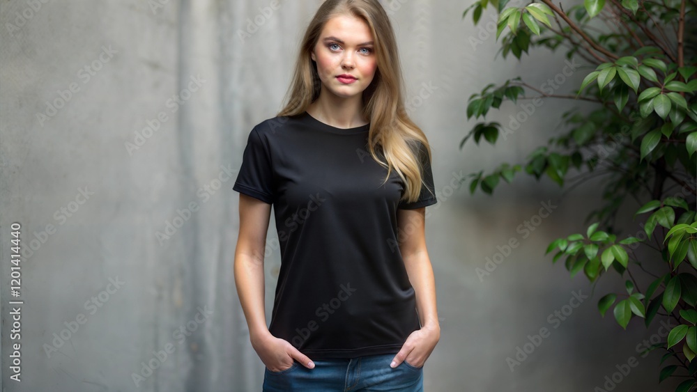 Fototapeta premium Woman in a black t-shirt standing against a textured wall.