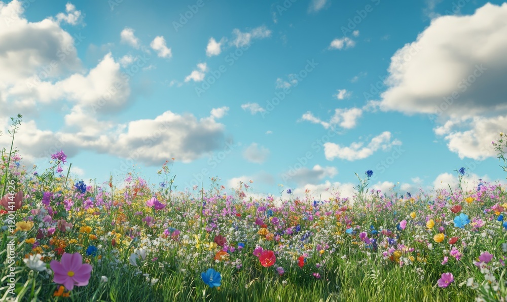 A blanket of colorful wild flowers with the sky in the backdrop in a meadow, scenic, natural, charming, picturesque, blooms A blanket of colorful wild flowers with the sky in the backdrop in a meadow, scenic, natural, charming, picturesque, blooms