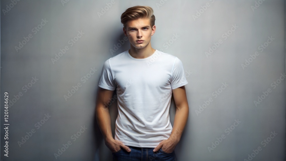 Obraz premium Young man in a white t-shirt, posing against a gray background. Clean and simple portrait.