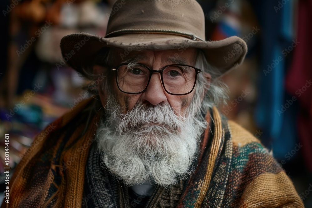 Close up portrait of an elderly craftsman with a long white beard, wearing glasses and a hat, possibly in a marketplace setting
