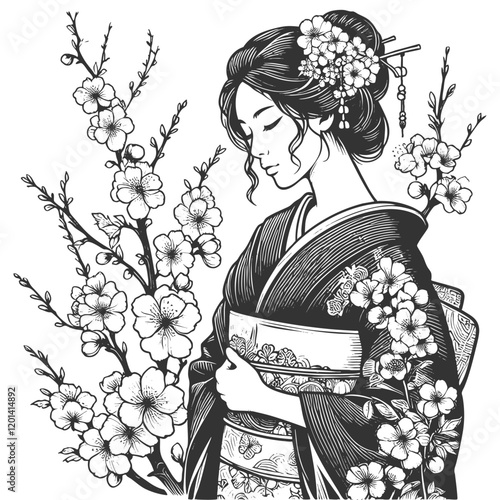 geisha in traditional attire, surrounded by sakura cherry blossoms in a serene scene sketch engraving generative ai vector illustration. Scratch board imitation. Black and white image.