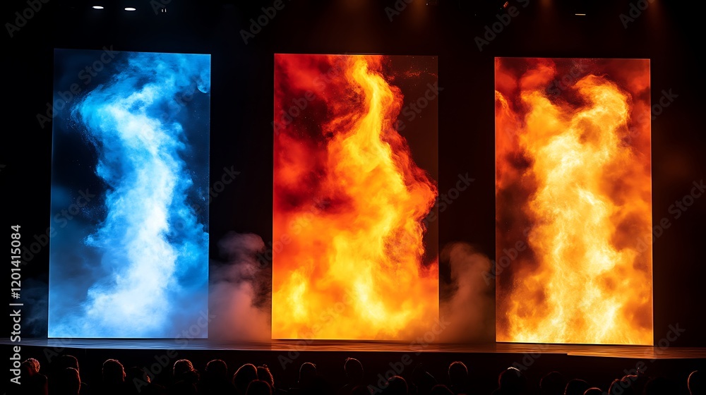 Fototapeta premium Stage Displays Show Blue Smoke And Orange Flames
