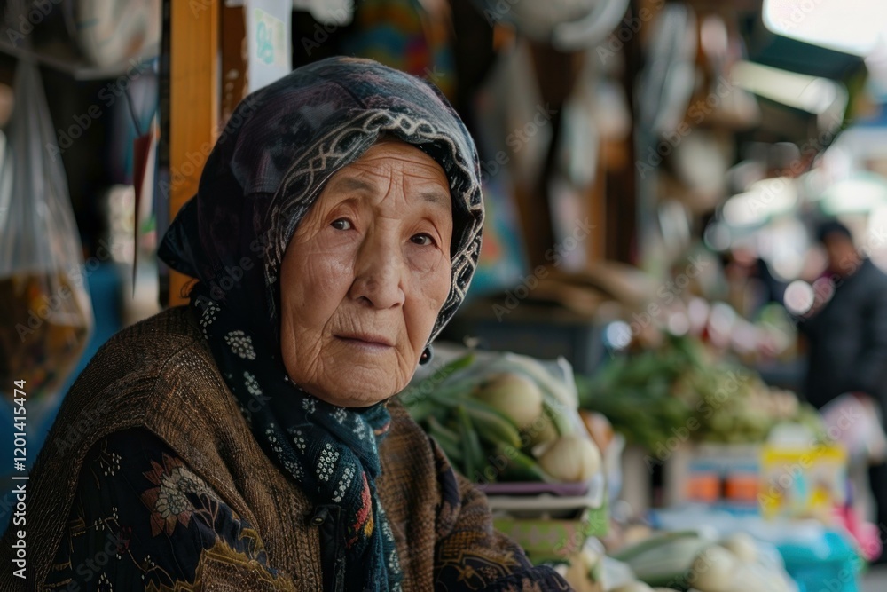 Senior female vendor working at her stall in a bustling outdoor market, selling fresh produce