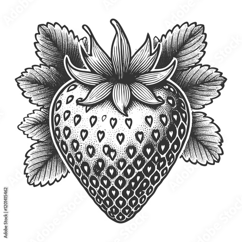 ripe strawberry with intricate details, surrounded by textured leaves, symbolizing natural beauty and freshness sketch engraving generative ai vector illustration. Scratch board. Black and white image