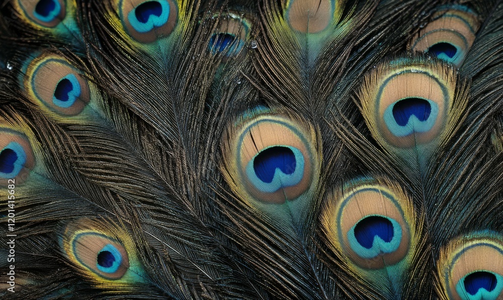 Fototapeta premium A closeup of blue peacock feathers with water droplets