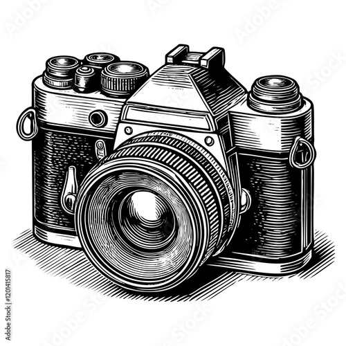 Retro camera sketch engraving black and white outline. Scratch board imitation.

