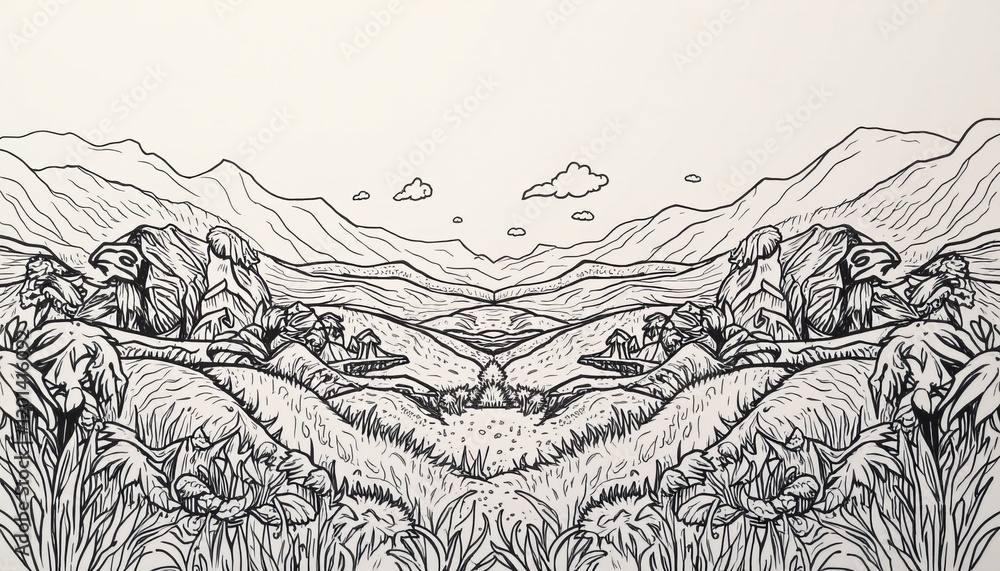 Fototapeta premium Hand-drawn valley with trees and mountains