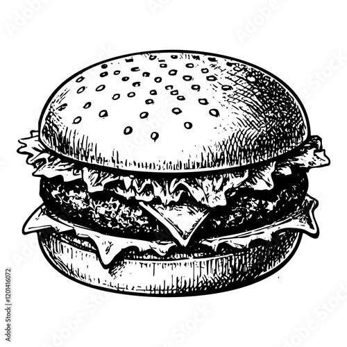 Hamburger sketch engraving black and white outline. Scratch board imitation.  illustrated in vintage line art style on a white background.
