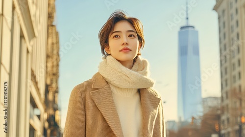 The image features a woman in chic winter attire, with a scarf, standing confidently in front of a modern city skyline, capturing the essence of urban elegance and fashion. photo