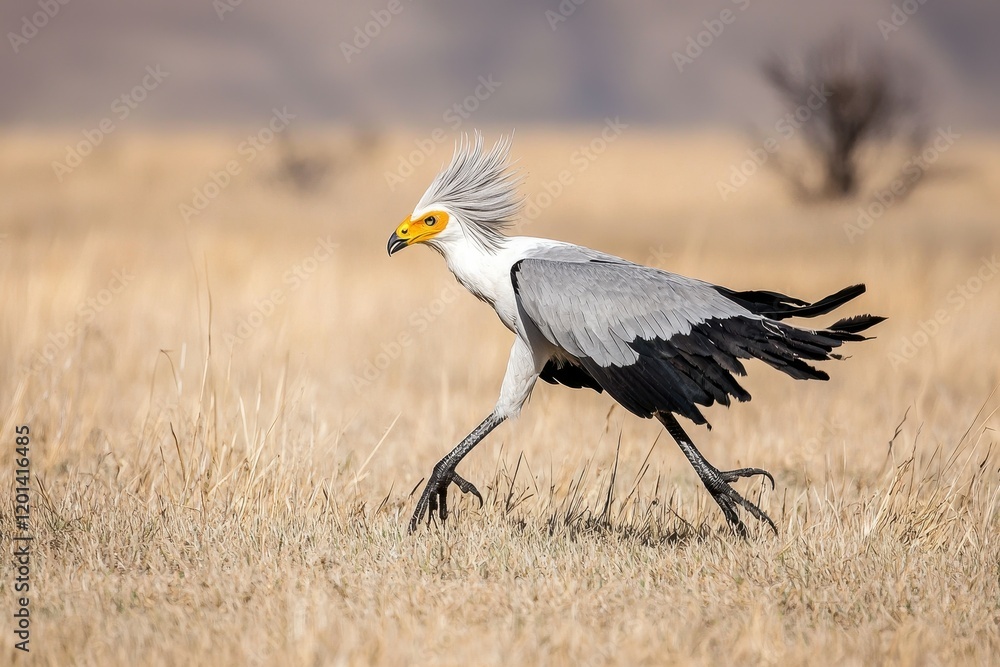 Fototapeta premium A stunning shot of a secretary bird striding through the savanna, its long legs and crest feathers visible