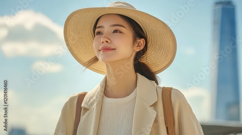 This image shows a young woman wearing a stylish hat, basking in the sun with a confident expression, portraying a sense of joy and tranquility amidst an urban landscape. photo