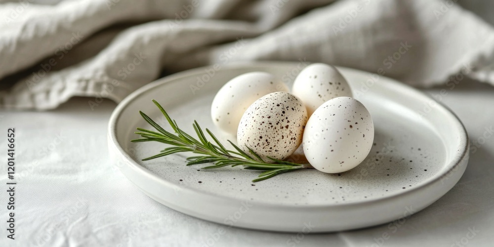 A serene arrangement of speckled eggs on a simple plate. Natural elements create a cozy kitchen vibe. Perfect for food blogs and culinary inspirations. Simple and elegant. AI A serene arrangement of speckled eggs on a simple plate. Natural elements create a cozy kitchen vibe. Perfect for food blogs and culinary inspirations. Simple and elegant. AI