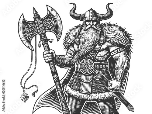 Viking warrior with a horned helmet, flowing beard, battle axe, and a billowing cape, standing in a powerful pose sketch engraving generative ai vector illustration. Scratch board. Black and white.