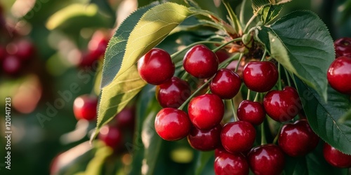 Close up of a cherry tree featuring vibrant, almost red cherries that are ready for harvest. The cherry tree showcases the beauty and richness of these delicious cherries awaiting picking.