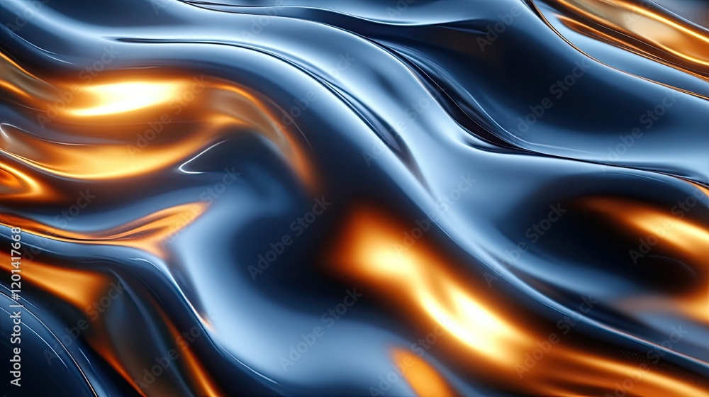 Fototapeta premium Abstract fluid texture with shimmering blue and orange waves, creating a dynamic visual effect