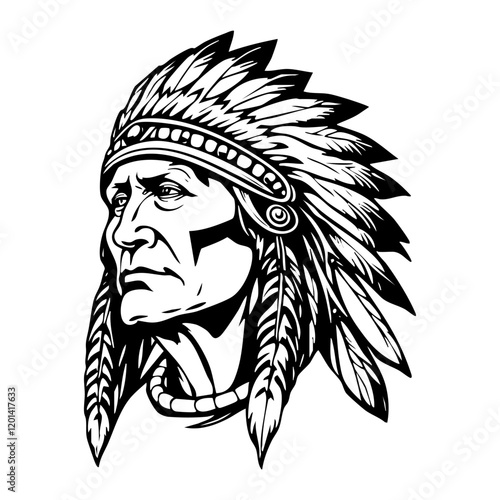 Indian chief engraving black and white outline. Scratch board imitation. illustrated in vintage line art style on a white background.