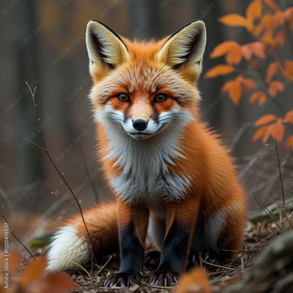 A red fox cub, young and cute, stands alert in the wild, its red fur blending with the nature around it A red fox cub, young and cute, stands alert in the wild, its red fur blending with the nature around it