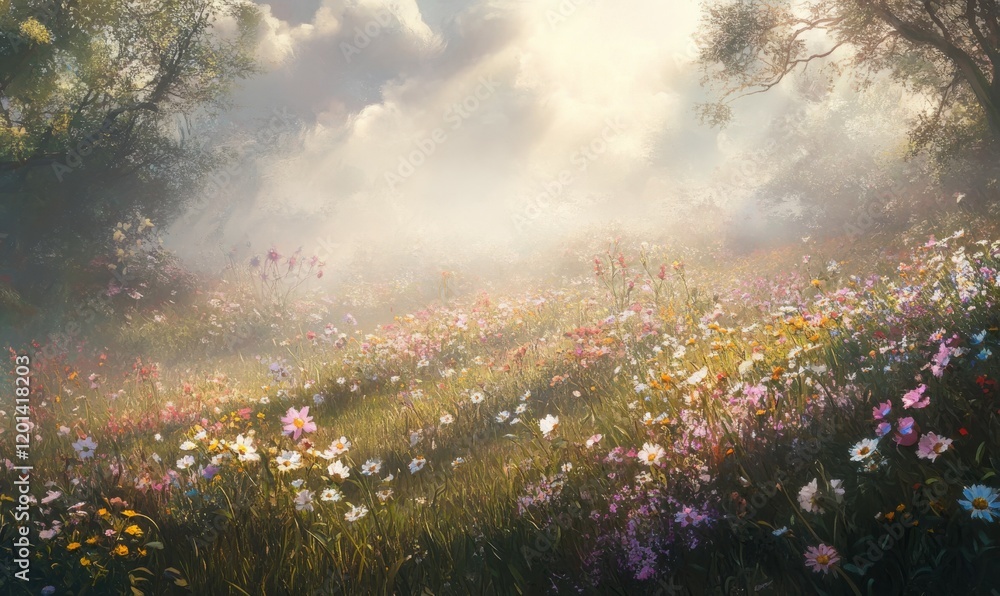 A misty meadow with wildflowers swaying gently in the breeze illuminated by a soft silver light, field, landscape, vegetation A misty meadow with wildflowers swaying gently in the breeze illuminated by a soft silver light, field, landscape, vegetation