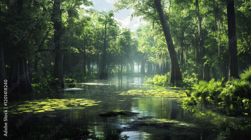 Fototapeta premium Vibrant swamp scene featuring lush plants, showcasing the beauty of nature in a serene swamp environment with diverse plant life. Experience the tranquility of this captivating swamp setting.
