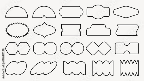 A collection of 18 black outline shapes on a white background. Various geometric and abstract forms are displayed, each with unique contours and edges. Black shapes, vector element set.