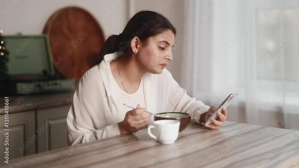 Amazed young indian woman got notification message looking at screen with puzzled face while having breakfast in the morning at home Shocked female reacting to breaking news and feel confused indoors Amazed young indian woman got notification message looking at screen with puzzled face while having breakfast in the morning at home Shocked female reacting to breaking news and feel confused indoors