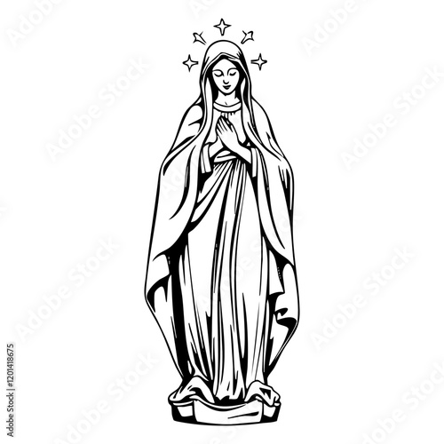 Virgin mary engraving black and white outline. Scratch board imitation. illustrated in vintage line art style on a white background.
