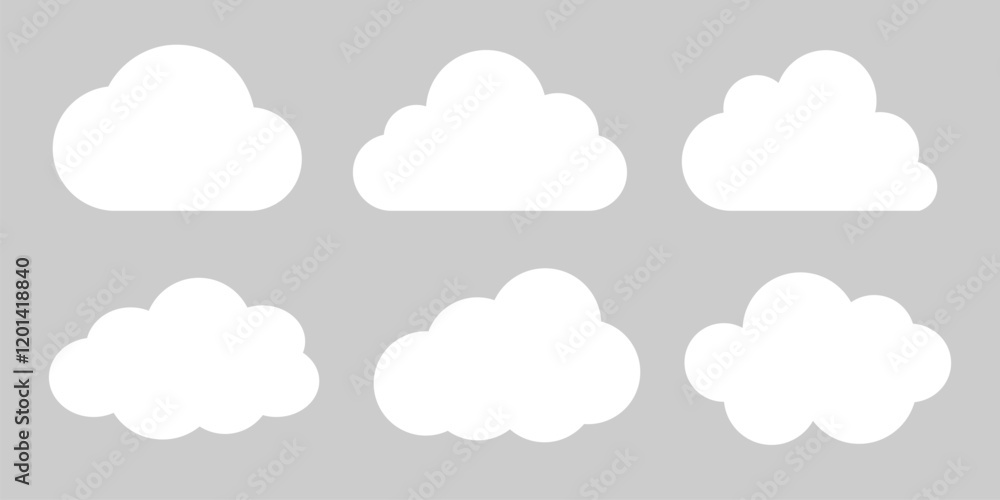 Set white cloud icons on a gray background. Cloud shapes vary in size and form. Perfect for weather, sky, or nature themes. Cloud icons for design use. Weather illustration, vector set. Set white cloud icons on a gray background. Cloud shapes vary in size and form. Perfect for weather, sky, or nature themes. Cloud icons for design use. Weather illustration, vector set.