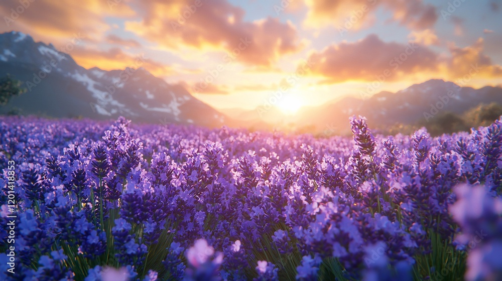 Obraz premium Vibrant sunset over a vast lavender field in the mountains.