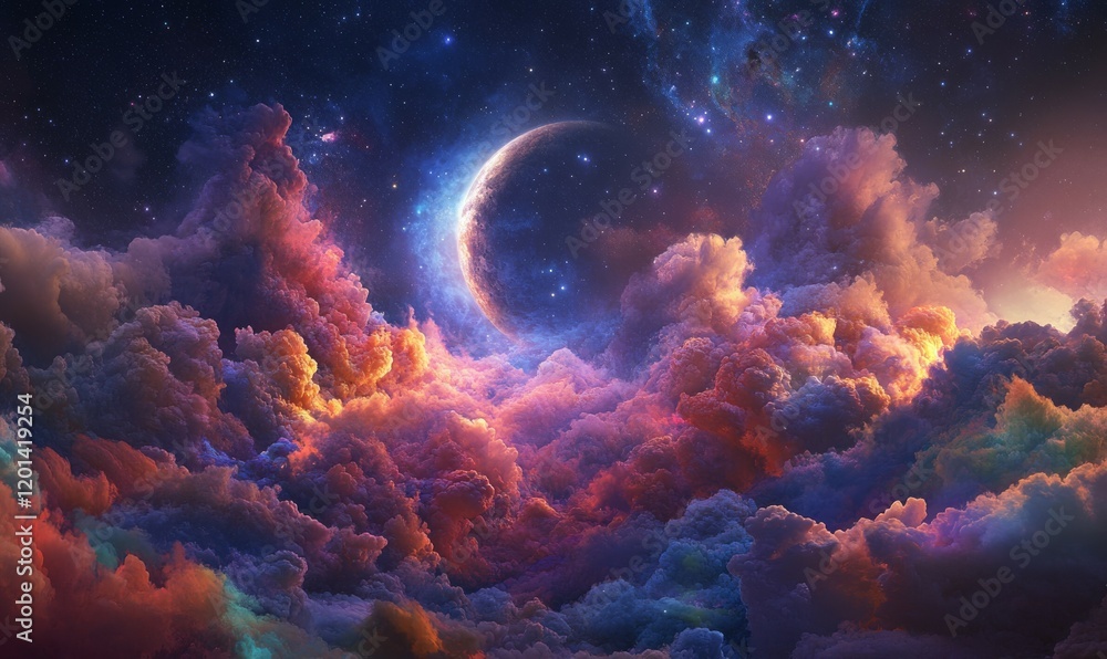 A serene and mystical image of a half-moon rising above vibrant, colorful clouds against a starry sky, capturing the ethereal beauty of the cosmos. A serene and mystical image of a half-moon rising above vibrant, colorful clouds against a starry sky, capturing the ethereal beauty of the cosmos.