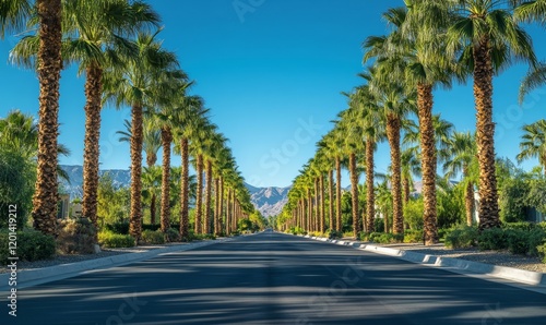 A row of palm trees standing sentinel on either side of the asphalt, outdoors, palm trees, scenic view