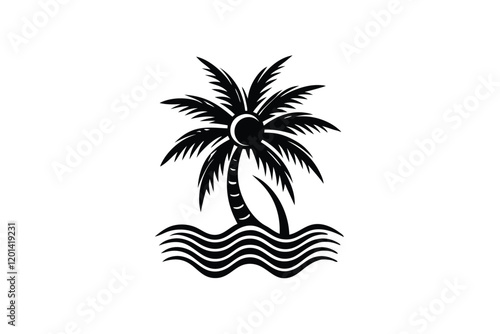 Coconut Palm Tree Sun and Wave Logo