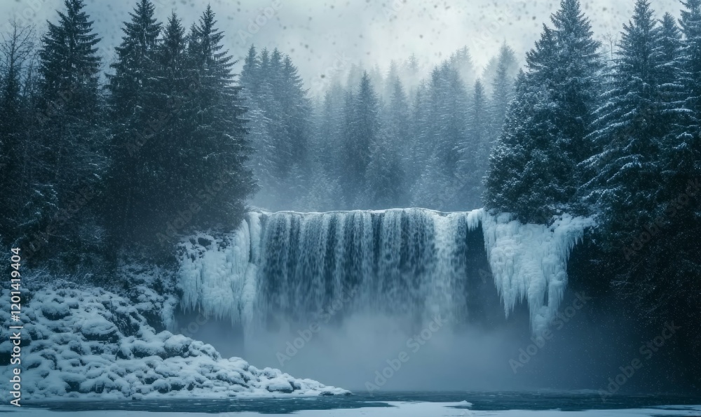 Fototapeta premium A serene landscape of a snowy forest with a frozen waterfall in the background, frozen waterfall, frosty mist, snowy forest, natural beauty, evergreen trees