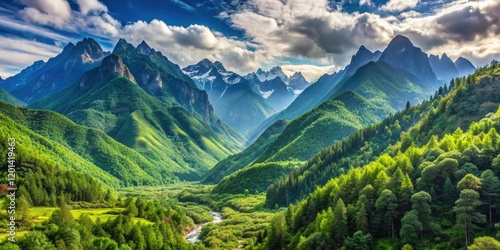 Breathtaking view of the rugged mountains and lush green forests of Sichuan Province, Sichuan, China