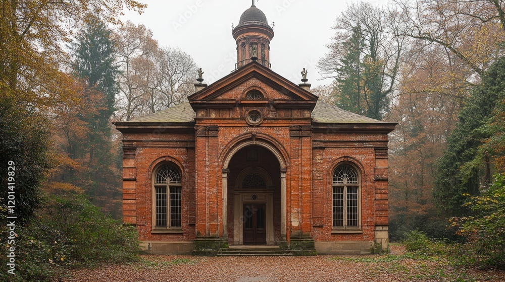 Historic brick building surrounded by autumn foliage in a serene forest setting, evoking nostalgia Historic brick building surrounded by autumn foliage in a serene forest setting, evoking nostalgia