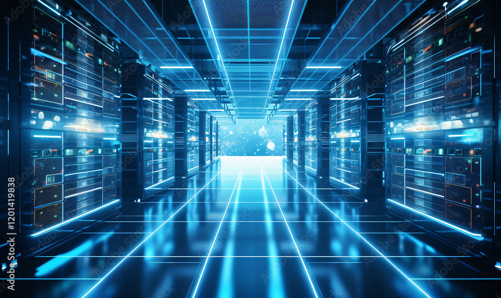 Server racks with blinking lights processing and storing digital information in a data center. Server racks with blinking lights processing and storing digital information in a data center.