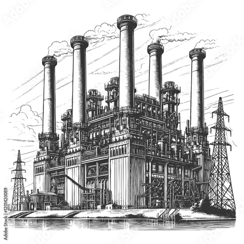industrial factory with multiple smokestacks emitting smoke, featuring vintage architectural design and machinery sketch engraving generative ai vector illustration. Scratch board. Black and white.